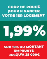 Coup de pouce pour financer votre premier logement : 1,99% sur 10% du montant emprunté jusqu'à 25000€.