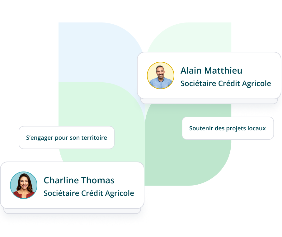 Image montrant deux sociétaires du Crédit Agricole et deux valeurs : s’engager pour son territoire et soutenir des projets locaux
