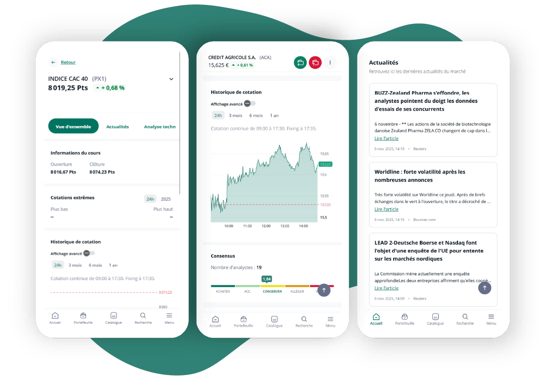visuels de l'application CA BOURSE